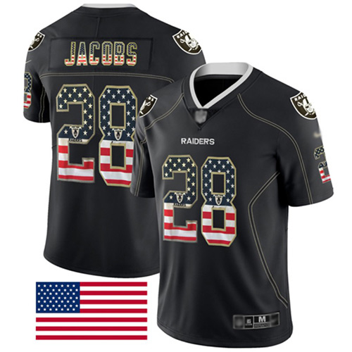 Men Oakland Raiders Limited Black Josh Jacobs Jersey NFL Football #28 Rush USA Flag Jersey